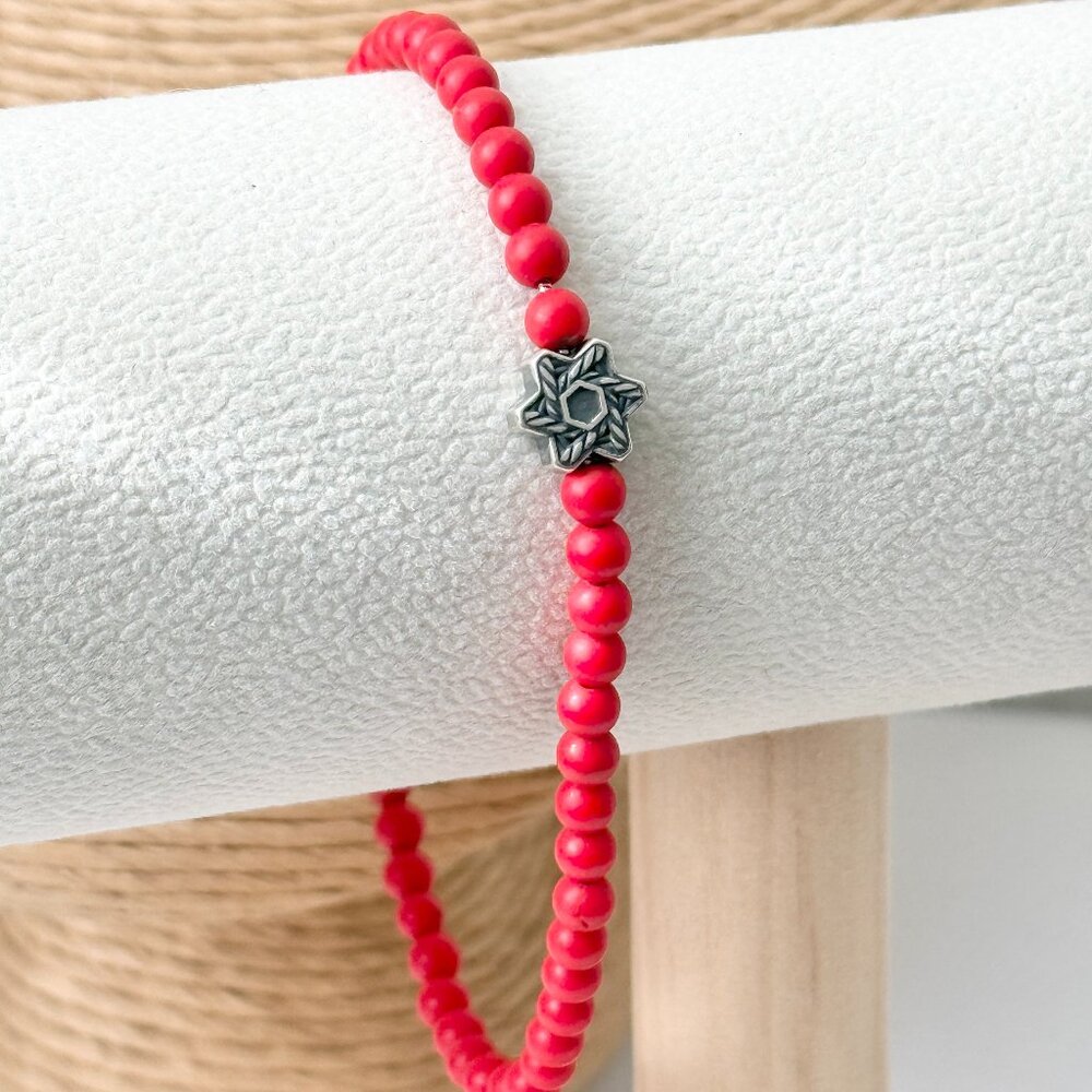 David Yurman Star of David Sterling Silver 4mm Red Coral Spiritual Bead Bracelet